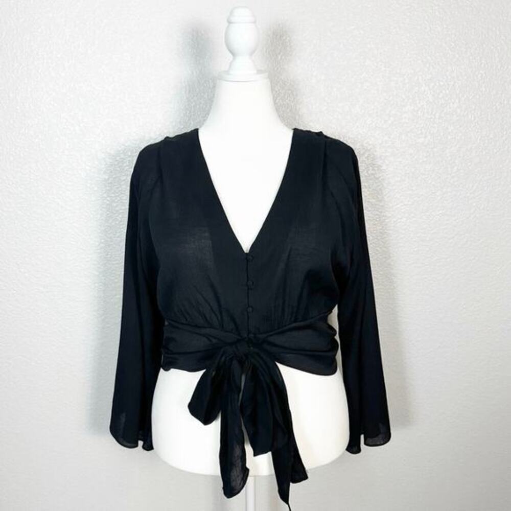 Black Tie-Front V-Neck Women's Top